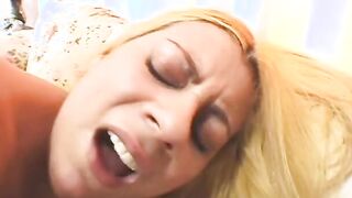 Huge facial for this white blonde anal whore with juicy vagina