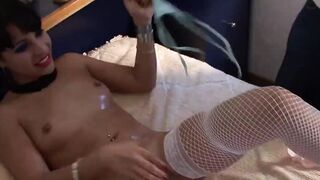 Dark Hair Angie Mojadp solo masturbates with huge dildos # two