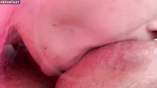 A women with pink hair jumps on a penis and I cum in her