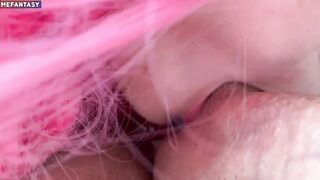 A women with pink hair jumps on a penis and I cum in her