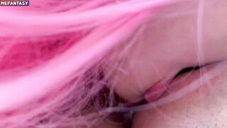 A women with pink hair jumps on a penis and I cum in her