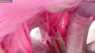 A women with pink hair jumps on a penis and I cum in her