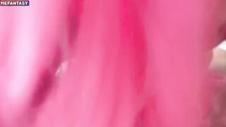 A women with pink hair jumps on a penis and I cum in her