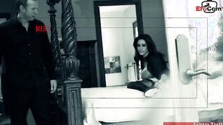 Dark Haired thot with huge natural hooters into african nylon tights