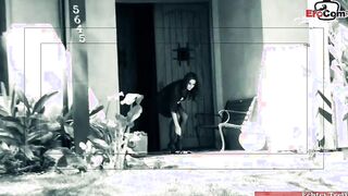 Dark Haired thot with huge natural hooters into african nylon tights