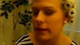 Blonde mulf blows down a big dick on her knees