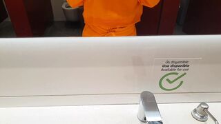 Blondy into outside bathroom touching freaky butt