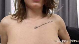 pov of slender dark haired bouncing her body on a fat penis