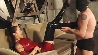 Beauty domina into red leather makes a bro do her wishes