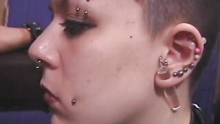 Goddess dark hair with pierced nipples offended by 3 dominas