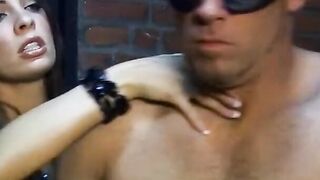 Female Domination lover with long boobies slaps submissive dude's booty