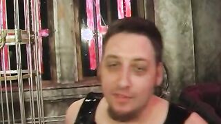 Broad punishes submissive guy on St. Andrews cross