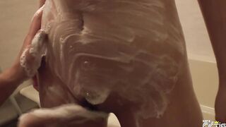 Lucky dude helps big boobed Japanese women to take a shower