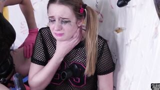 Lezdom 18 sub gagging on vibrators