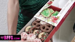 Hot Blonde Girls Inside Small Elf Costumes Having Christmas Party