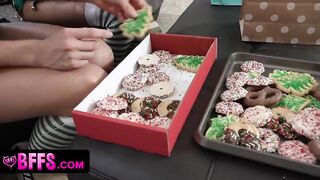Hot Blonde Girls Inside Small Elf Costumes Having Christmas Party