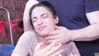 Facialised 18 BLOWJOB sub tied and throat screwed