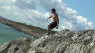 Red Haired 18 year old with natural boobs gets nailed inside the rocks