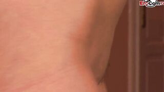 Thin blonde 19 Year Old with tiny natural hooters into a FMM 3 way
