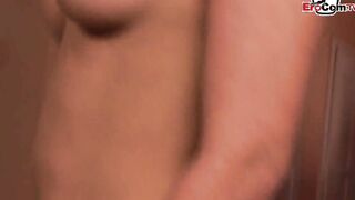 Thin blonde 19 Year Old with tiny natural hooters into a FMM 3 way