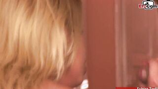 Thin blonde 19 Year Old with tiny natural hooters into a FMM 3 way