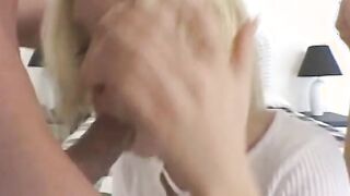 Horny blond gets double-teamed on bed