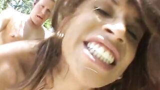 Vulgar dude shoves his huge dick inside brunette’s vagina