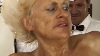 Messy granny blows delivery guys's dick