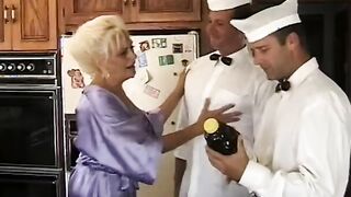 Messy granny blows delivery guys's dick