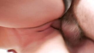 Daddy fucks blond barely legal and offer cum on bald vagina