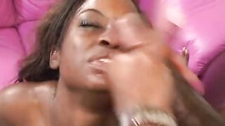 Shaved ebony stud gets fellatio from black bitch, then fucks her