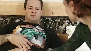 Slutty old dark hair takes penis into bed