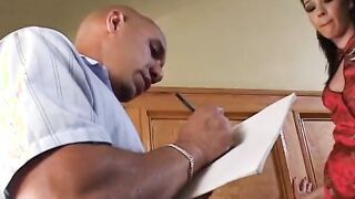 Stud shoves a vibrator into dark hair's vagina before he fucks her