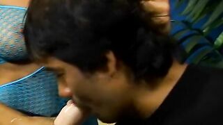 Bro inside fishnet tights bends over for strap-on booty banged