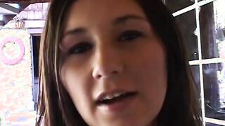 Adorable dark hair moans while stud pounds her butt on the sofa