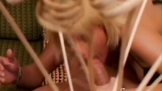 A blonde thot gets licked and penetrated on a green sofa