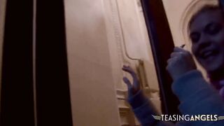 Adorable blonde masturbates before sucking her bf