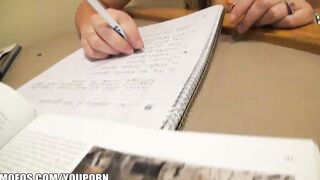 Stressed out college girl is talked inside taking a study break