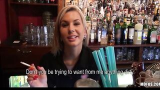 Good blonde bartender is talked in having sex at work