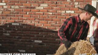 Big Titted Blonde Cowgirl Melissa Matthews goes for a Roll inside the Hay