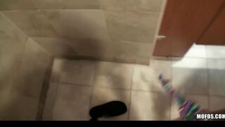 Cutie bikini-clad Hispanic tries anal sex into a outdoor toilet
