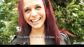 Playful red head gets naked into outdoor & is convinced to try anal sex