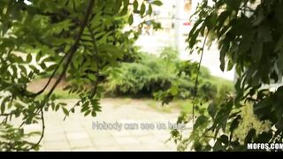 Playful red head gets naked into outdoor & is convinced to try anal sex