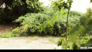 Playful red head gets naked into outdoor & is convinced to try anal sex