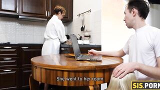 SISPORN. Freaky bro stretches adorable stepsister behind stepmom
