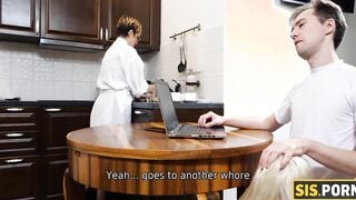 SISPORN. Freaky bro stretches adorable stepsister behind stepmom