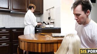 SISPORN. Freaky bro stretches adorable stepsister behind stepmom