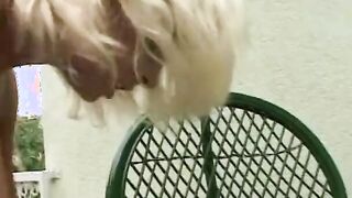 Blonde with natural boobies blows dick, then sits on it hardcore