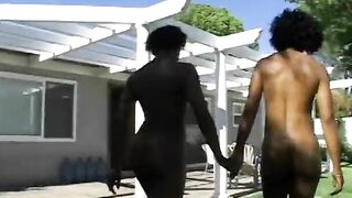 African women lays back on sofa and gets snatch banged with dildo
