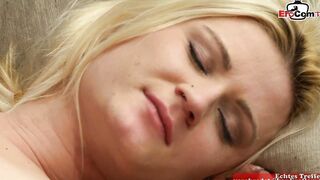 Petite blonde with big legs got a jizzed on her tiny titties